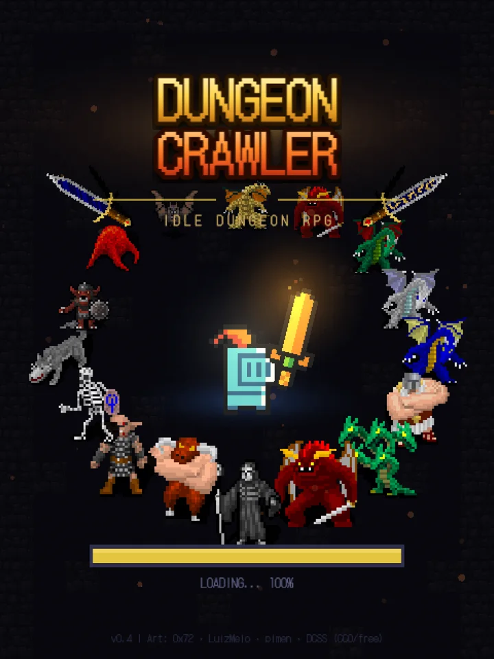 Title screen with the Dungeon Crawler logo ringed by monsters