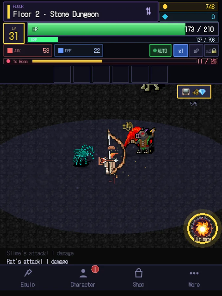 Auto battle against a group of monsters in a stone dungeon