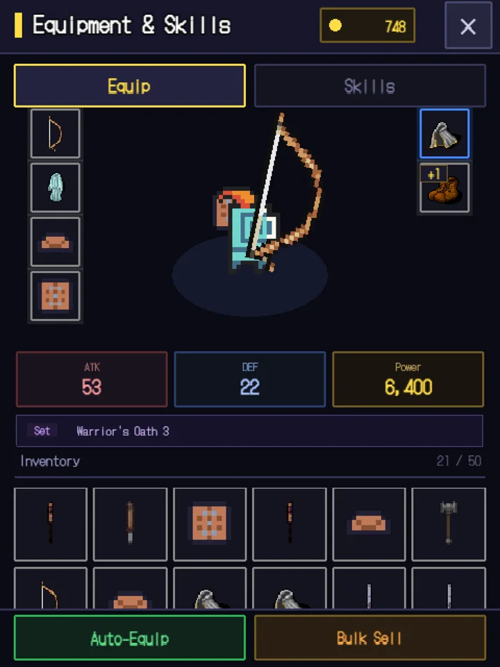 Equipment screen showing combat power and set bonuses