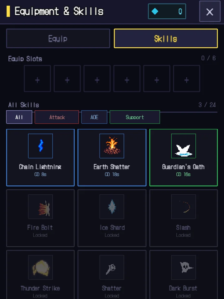 Skill list screen
